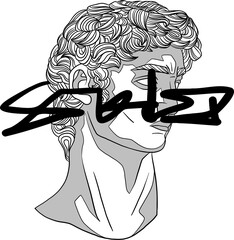 Classical bust is appearing on transparent background in line drawing with scribble overlay