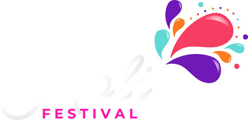 Vector design showing Holi festival text in white and pink with splashes on transparent background
