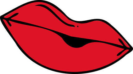 Stylized red lips are floating in flat design with bold outlines and shine, transparent background