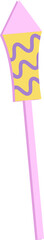 Stylized flat rocket firework is floating on transparent background with wavy lines and pink stick