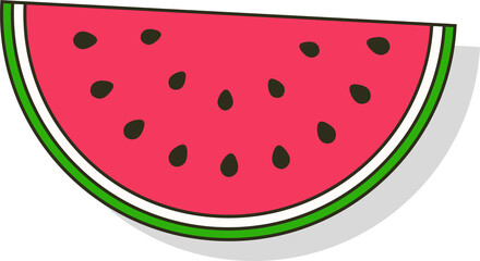 Flat design watermelon slice is floating on transparent background, showing red flesh, black seeds