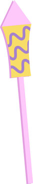 Stylized flat rocket firework is floating on transparent background with wavy lines and pink stick