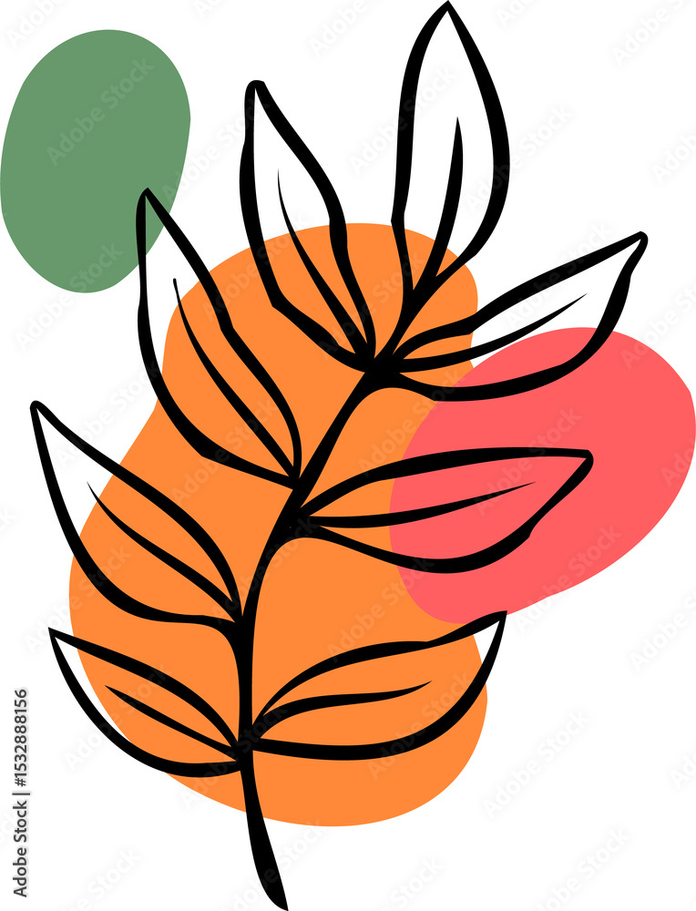 Poster stylized leaf branch is floating on transparent backdrop in flat design with orange red green blobs