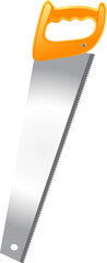 Handsaw is being shown in flat vector with orange handle and serrated blade, transparent background