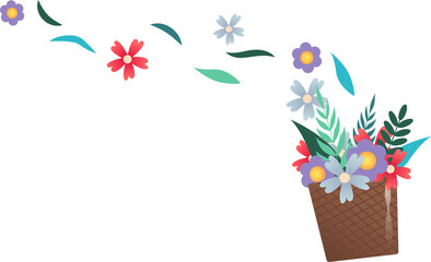 Wicker basket is showing vivid flowers, foliage, floating petals in flat transparent background