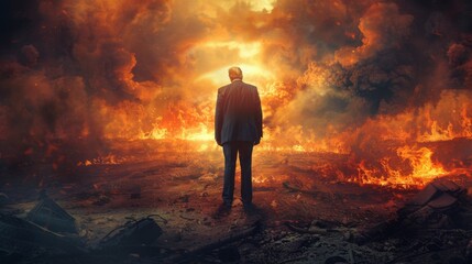 A figure standing amid destruction and chaos.