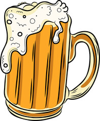 Stylized beer mug is spilling frothy foam and rising bubbles in flat design, transparent background