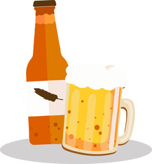 Beer bottle and bubbly mug are standing on oval base with transparent background in flat design