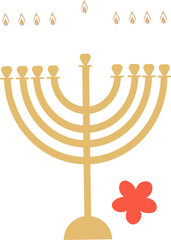 Flat design Hanukkah menorah is shining with nine candles and red flower on transparent background