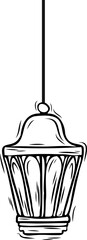 Vintage hanging lantern is swinging by cord in black-and-white line drawing, transparent background