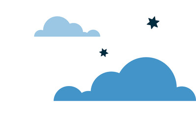 Fototapeta premium Flat vector design showing two blue clouds floating in night sky with stars on transparent backdrop