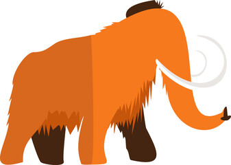 Flat vector woolly mammoth is showing orange fur curving trunk white tusks transparent background