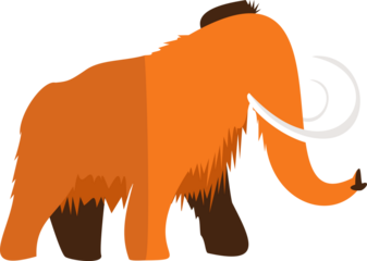 Flat vector woolly mammoth is showing orange fur curving trunk white tusks transparent background