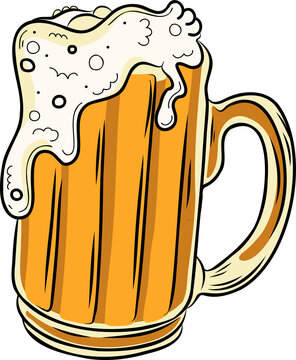 Naklejki Stylized beer mug is spilling frothy foam and rising bubbles in flat design, transparent background