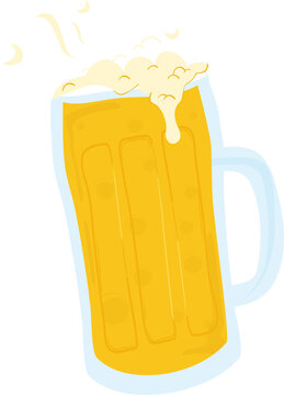 Naklejki Flat design beer mug is showcasing golden brew with bubbly foam splashes on transparent background