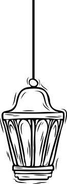 Fototapeta Vintage hanging lantern is swinging by cord in black-and-white line drawing, transparent background