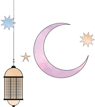Naklejki Soft watercolor crescent moon and lattice lantern are floating on transparent backdrop with stars