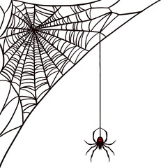Displaying flat spider web upper-left, red-marked spider hanging by silk thread on transparent
