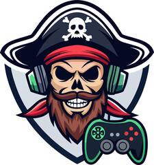 Bearded Pirate Skull Gamer Logo with Headset and Game Controller – Vector Illustration