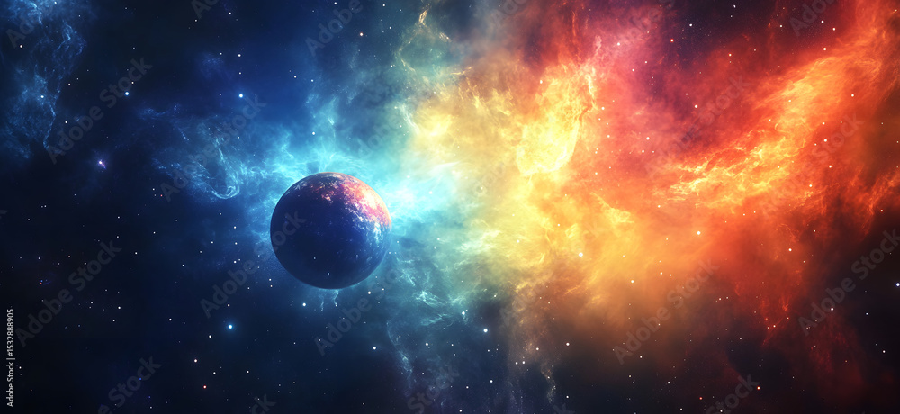 Canvas Prints colorful cosmic nebula with distant planet in deep space