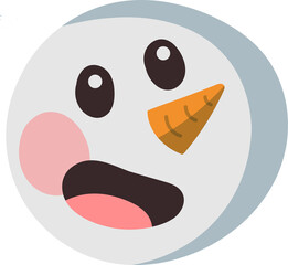 Showing flat snowman face on transparent background, brown eyes pink cheek carrot nose open mouth
