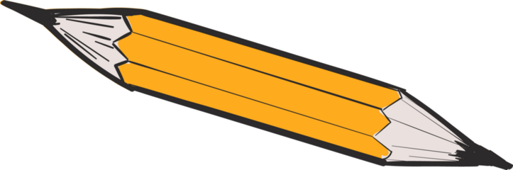 Cartoon-style yellow sharpened double-ended pencil is lying diagonally on transparent background