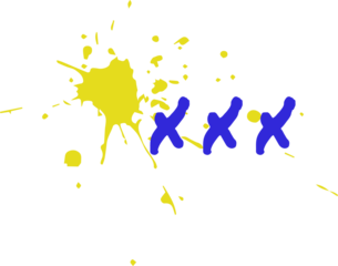 Flat design is showing yellow paint splatter with three blue X marks on transparent background