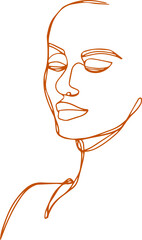 Minimal continuous line drawing is depicting face profile using orange line on transparent field