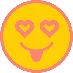 Cartoon-style emoji face is glowing in flat design heart eyes and tongue out transparent background
