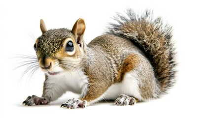 Grey squirrel against a white background.