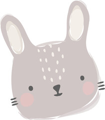 Minimalist cartoon bunny head is being shown on transparent background, pastel gray off-white ears