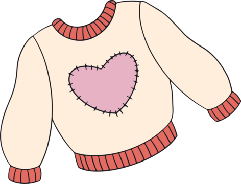 Floating vector cream sweater featuring ribbed red trim, pink heart patch on transparent background