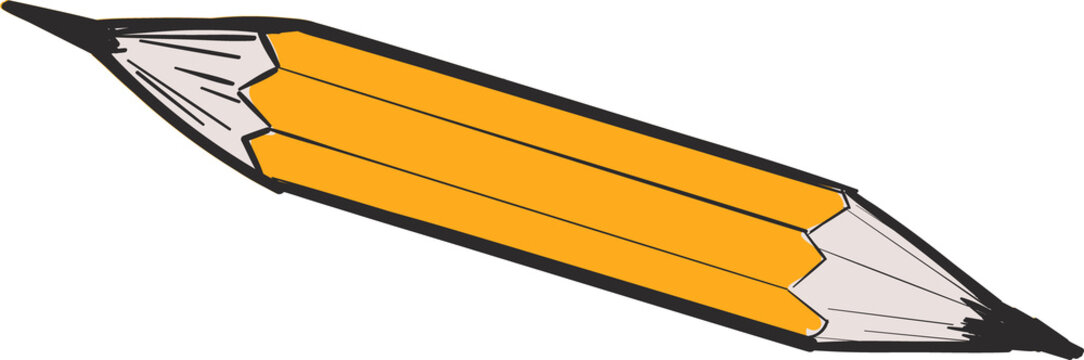 Cartoon-style yellow sharpened double-ended pencil is lying diagonally on transparent background