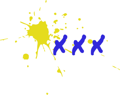 Flat design is showing yellow paint splatter with three blue X marks on transparent background
