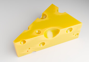 Yellow wedge of Swiss cheese with characteristic holes isolated on white background, used in food, cooking, and dairy industry. Food production, dairy. - 3d image