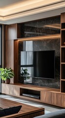 Modern, dark-toned entertainment center with TV