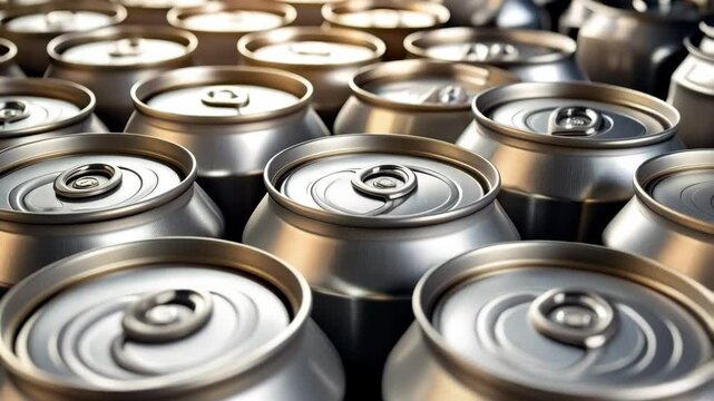 Metallic aluminum soda or beverage cans in a large group, many silver containers with pull tabs, metal recycling and packaging concept
