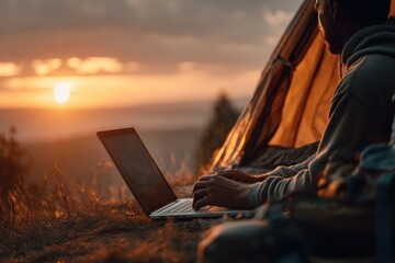 Digital nomad typing on laptop keyboard while sitting near tent in mountains at sunset, enjoying remote work and travel