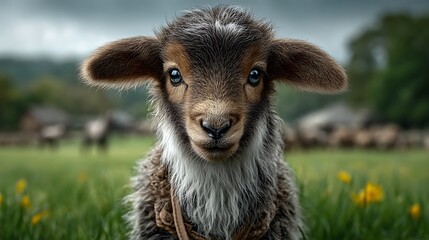Fototapeta premium A curious lamb in a green field under blue skies, sharply in focus, while animals in the background appear as soft shapes