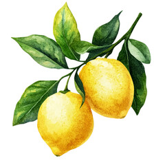 Realistic botanical illustration of lemon fruit with leaves, clean transparent background, watercolor detail, fresh citrus vibe
