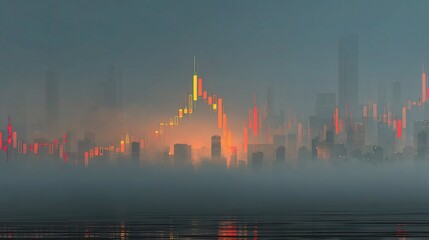 Fototapeta premium Neon Candlestick Visualization of Digital Market Trends at Dusk