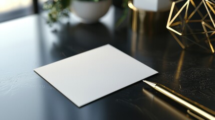 Elegant Blank Notecard Mockup on Dark Table with Gold Accents