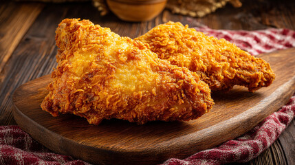 Detailed Close-Up of Fried Chicken on Weathered Wooden Surface