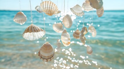Obraz premium Beautiful Seashells Hanging Over Sparkling Ocean Water Background