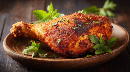 Detailed Close-Up of Fried Chicken on Weathered Wooden Surface