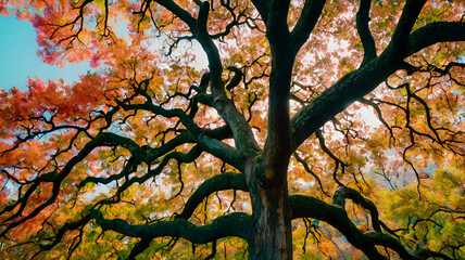 Oak Tree and branches with vibrant colors .Majestic ancient oak tree silhouetted against a vibrant sunset sky, a breathtaking natural scene.
