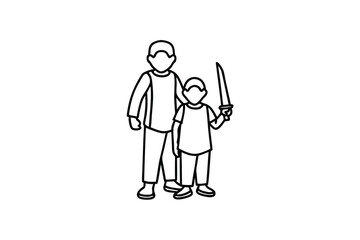 Father and son line-art illustration, boy holding toy sword