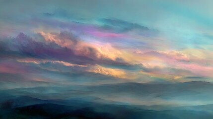 A beautiful vista unfolds, showcasing a symphony of pastel clouds gracefully suspended over rolling, misty hills in a breathtaking landscape.