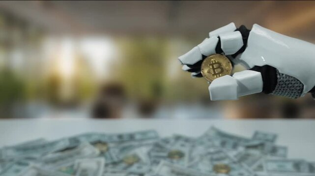 A robotic hand grasps a Bitcoin above a spread of cash, symbolizing the intersection of technology and finance in the evolving landscape of digital currency. MZL