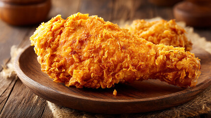 Rustic Wood Table Showcasing Crunchy Fried Chicken Leg